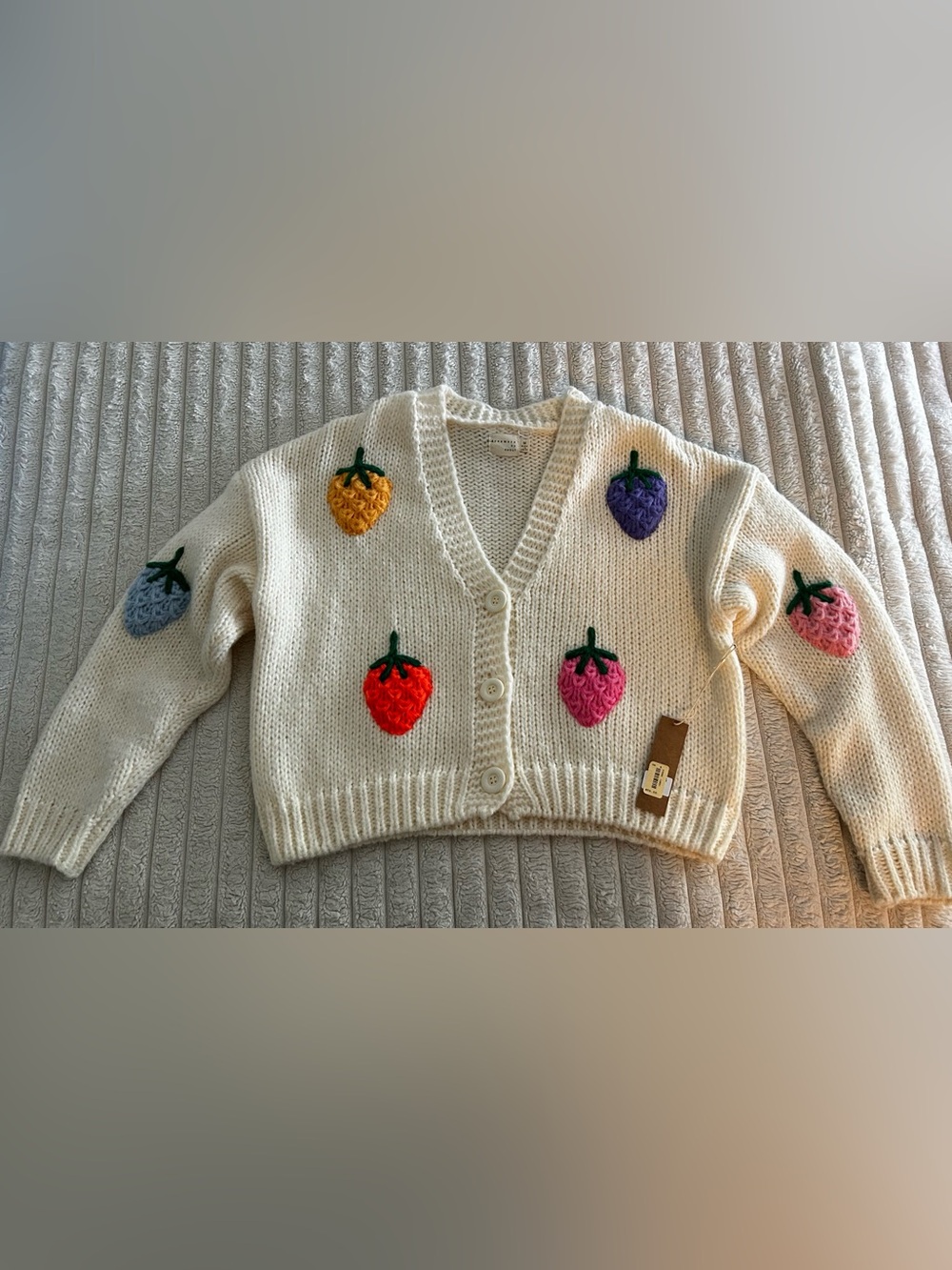 Dreamers by Debut - Cream Cardigan with Multicolor Strawberry Appliqués NWT